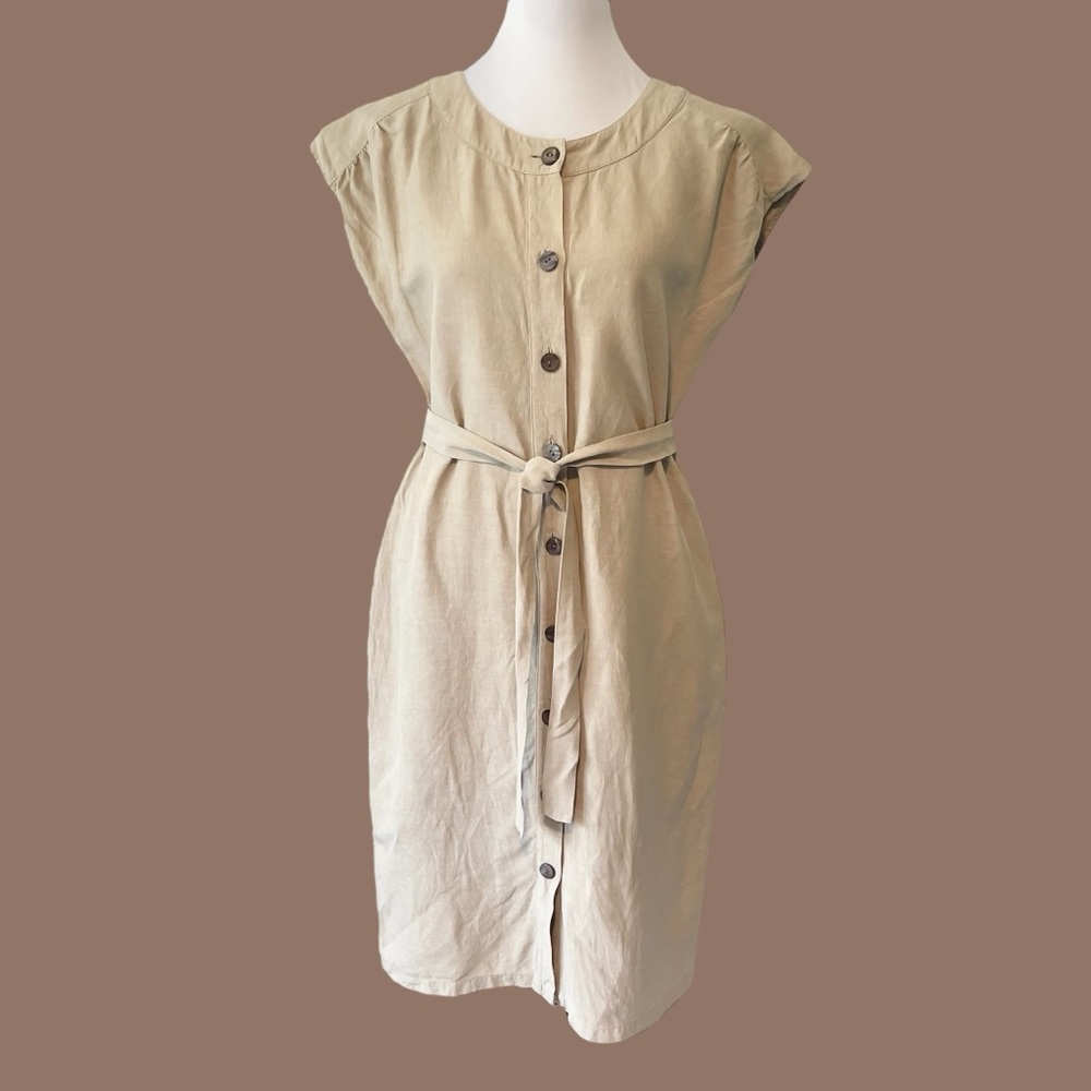 Linen Silk Blend Button Down Midi Dress in Khaki Tan Size 4